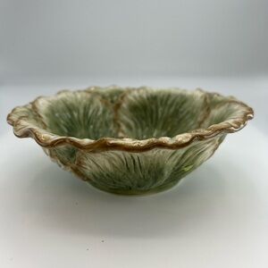 Fitz & Floyd Cabbage Leaf Salad Bowl 6.5” Dessert Trinket Dish Green Cream Brown